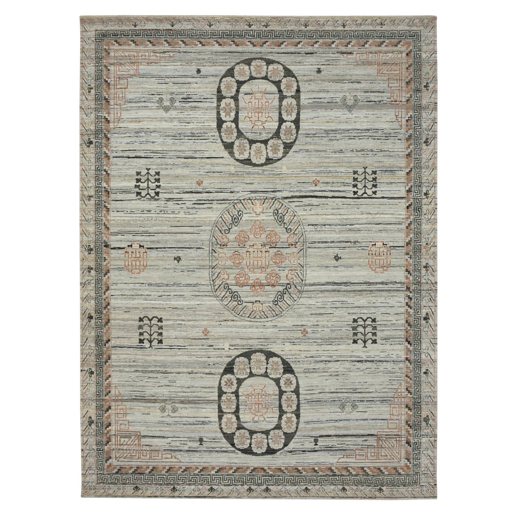 9'x12'4" Stone Gray, Khotan Influence, Shaved Low, Distressed, Zero Pile, Hand Knotted, Pure Silk, Oriental Rug 